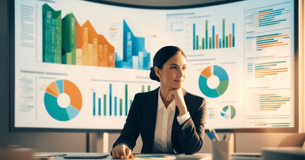 A marketer at a desk surrounded by charts and data visualisations, pondering how to interpret the numbers
